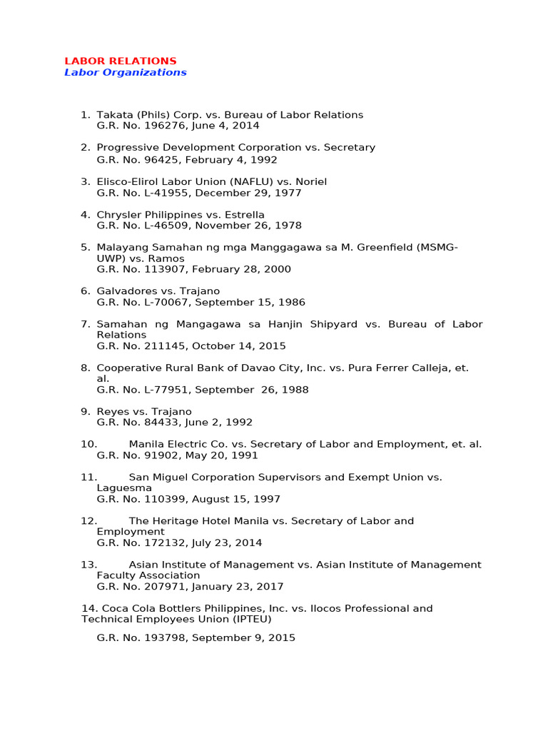 Key Labor Relations Cases Summary | PDF