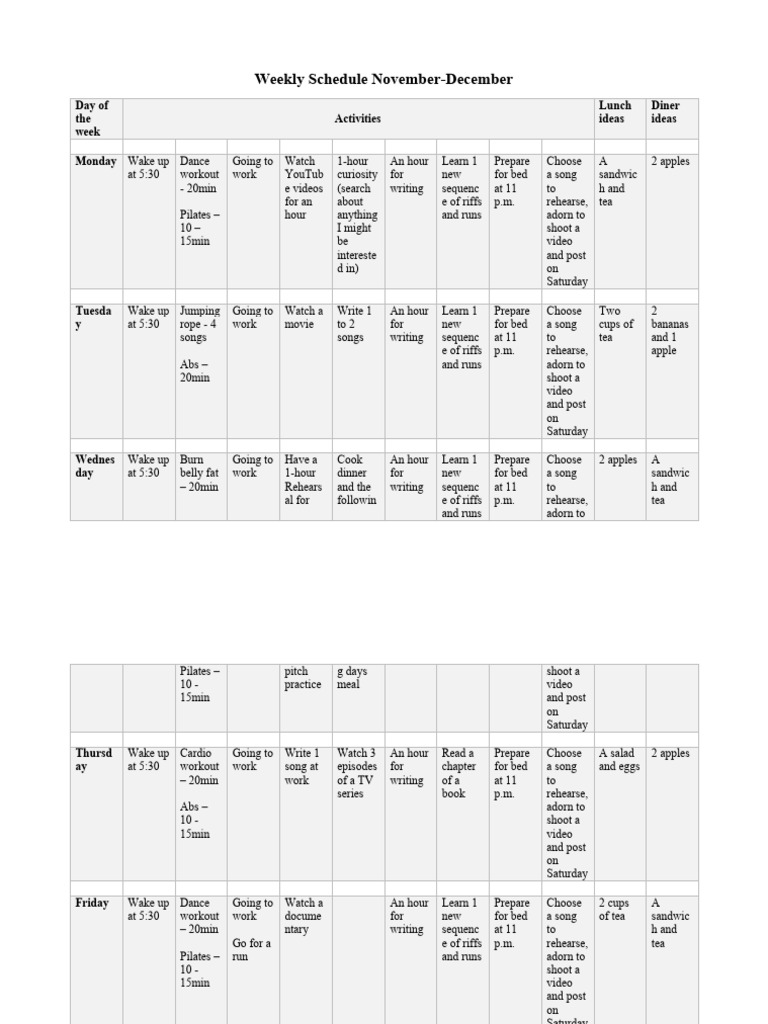 Weekly Schedule November-December | PDF | Eating Behaviors Of Humans ...