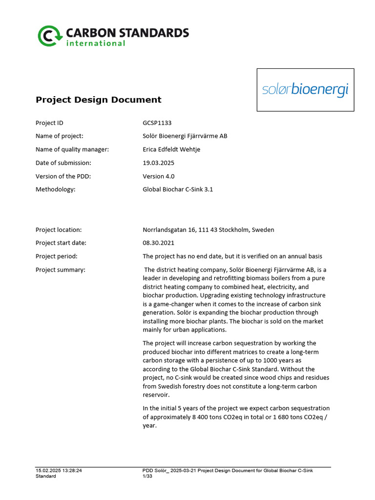 Solör Biochar Project Design Document | PDF | Greenhouse Gas | Pyrolysis