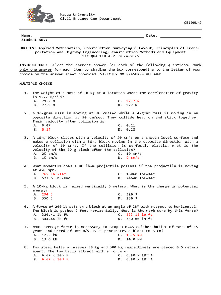 1Q2425 C2 MSTE Drills (Ans Key) (1) | PDF | Acceleration | Collision