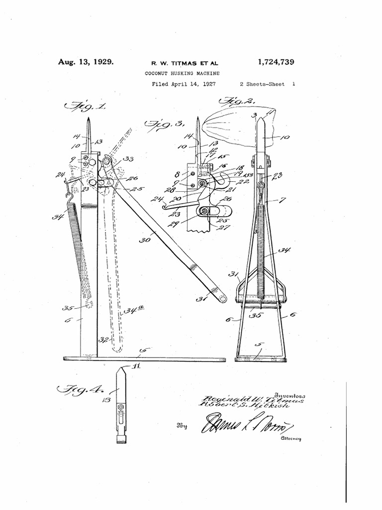 Coconut Husking Machine Patent 1929 | PDF | Lever | Machines