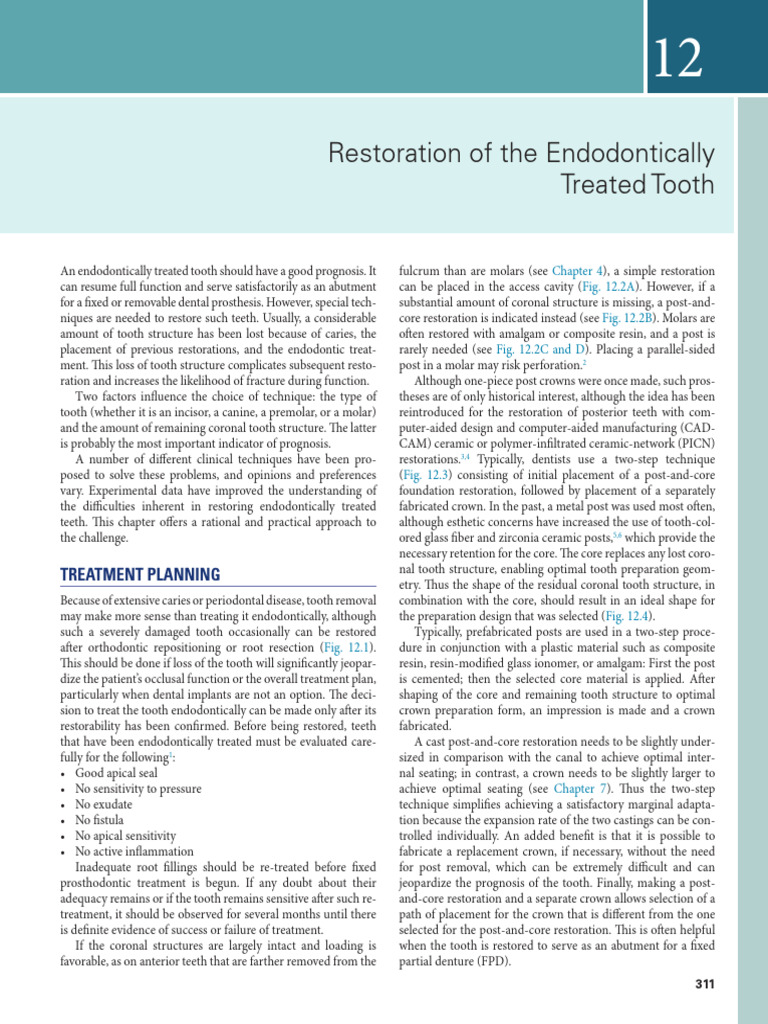 Restoring Endodontically Treated Teeth | PDF | Dental Anatomy | Tooth