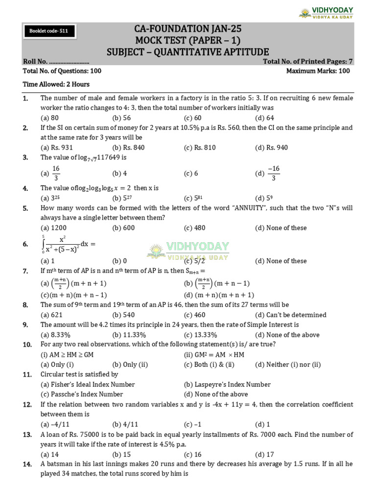 CA Foundation Mock Test: Quantitative Aptitude | PDF | Applied Mathematics