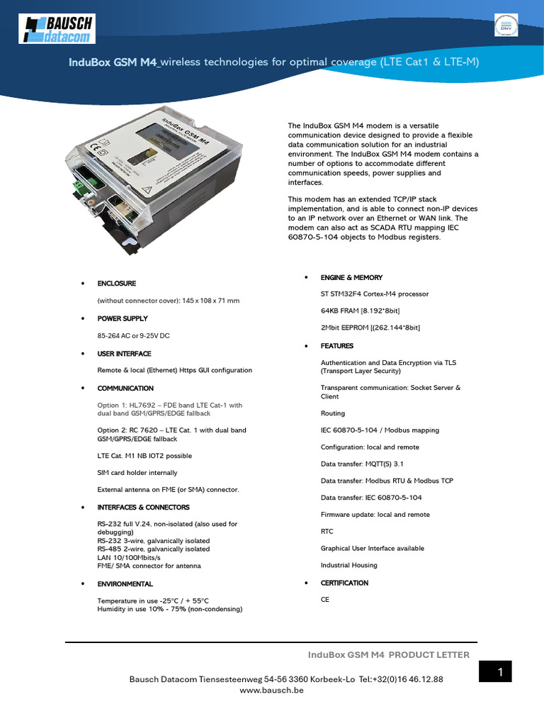 InduBox GSM M4 Modem Specifications | PDF | Computer Network | Modem