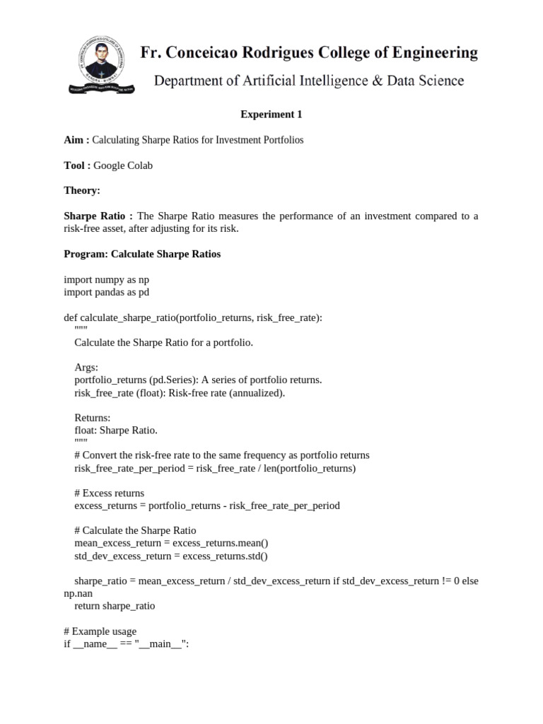 9740_Exp1 | PDF | Sharpe Ratio | Financial Economics