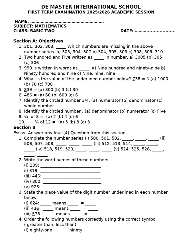 Basic Two First Term Exams 2025/2026 | PDF | Foods | Jesus