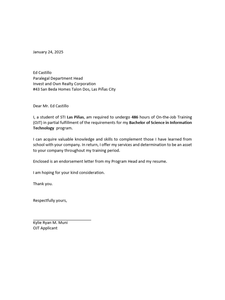 OJT Application Letter for IT Student | PDF