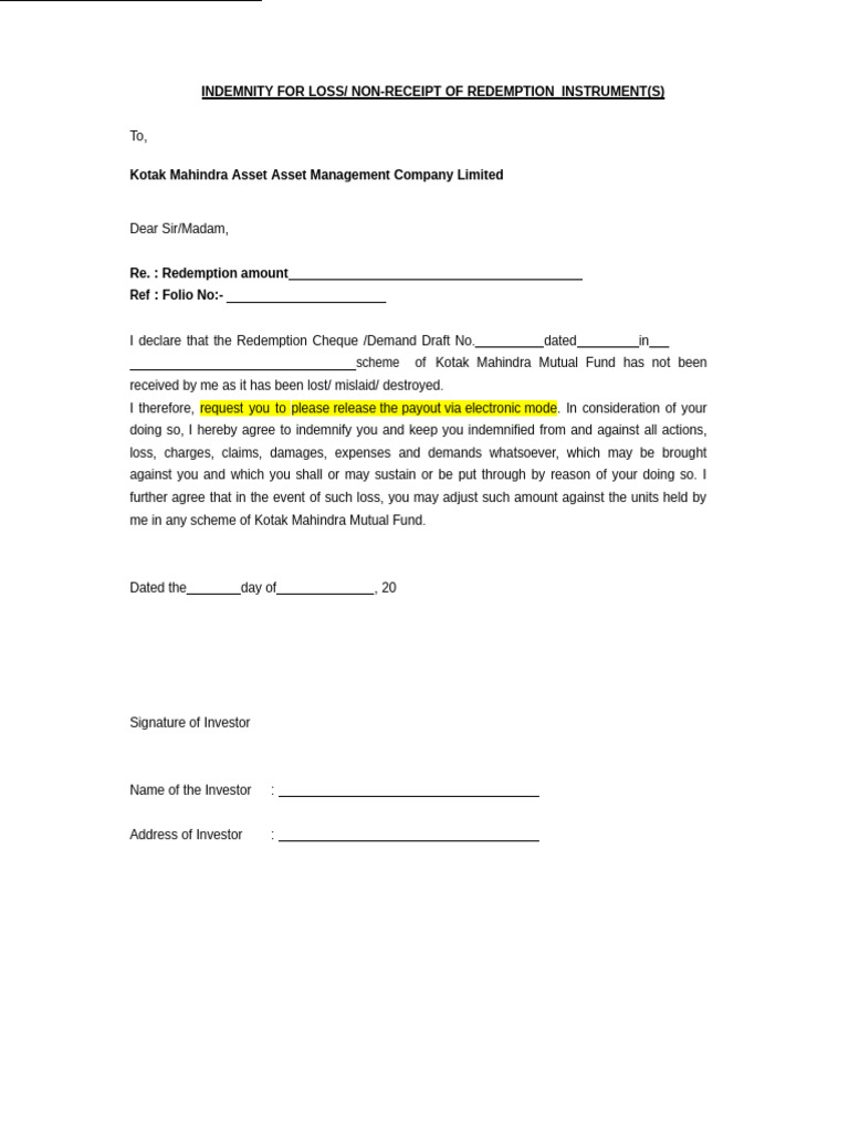 Indemnity for Lost Redemption Cheque | PDF
