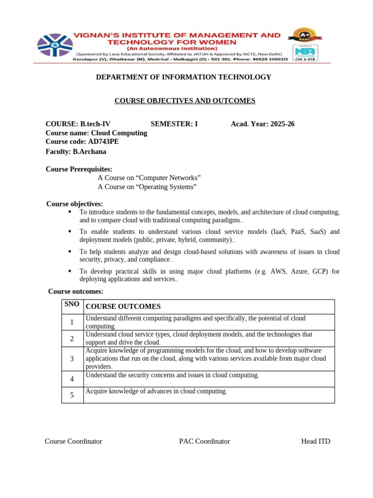 Cloud Computing Course Objectives & Outcomes | PDF