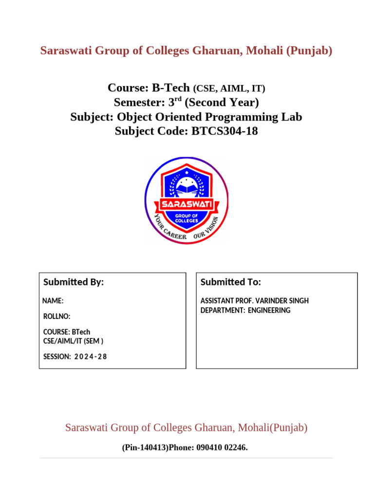 Front Page For Btech OOps | PDF