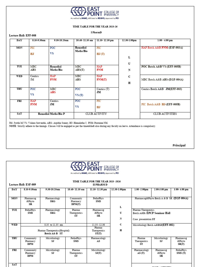 Tentative Timetable 2025-26 | PDF | Pharmacology | Pharmacy