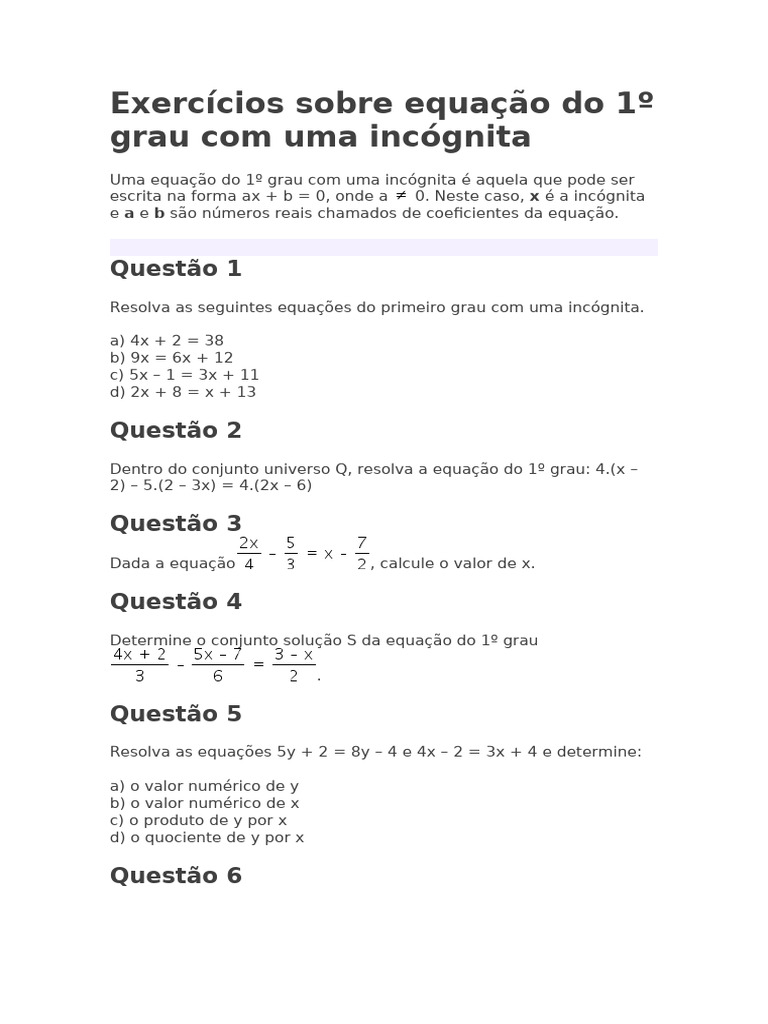 Exercícios de Equação do 1º Grau | PDF | Equações | Matemática elementar