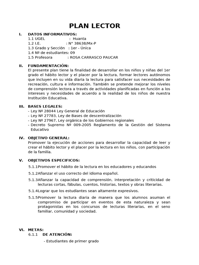 Plan Lector 1° Grado | PDF | Comprensión lectora | Aprendizaje