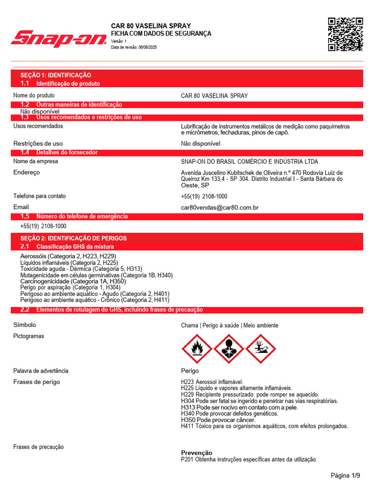 Ficha de Segurança CAR 80 Vaselina Spray | PDF | Toxicidade | Gases