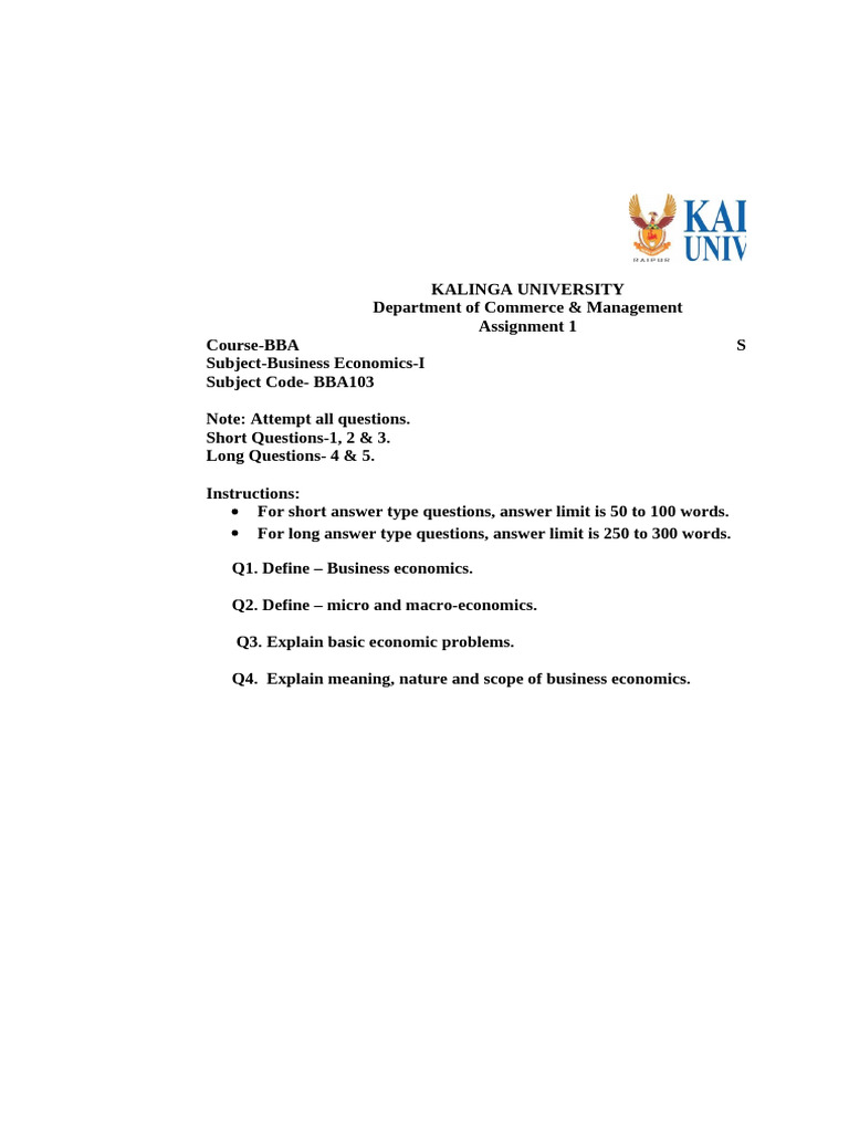 JULY-DeC 2024 BBA 1 SEM V11 BBA103 BBA 103 Business Economics Unit 1 ...