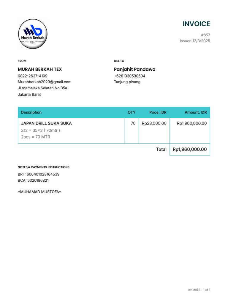 Invoice #857 for Japan Drill Purchase | PDF