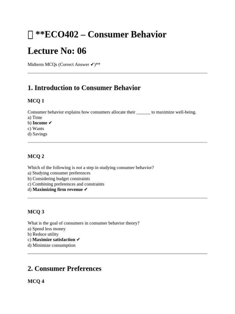 ECO402 Lecture 06 MCQS | PDF | Utility | Economies