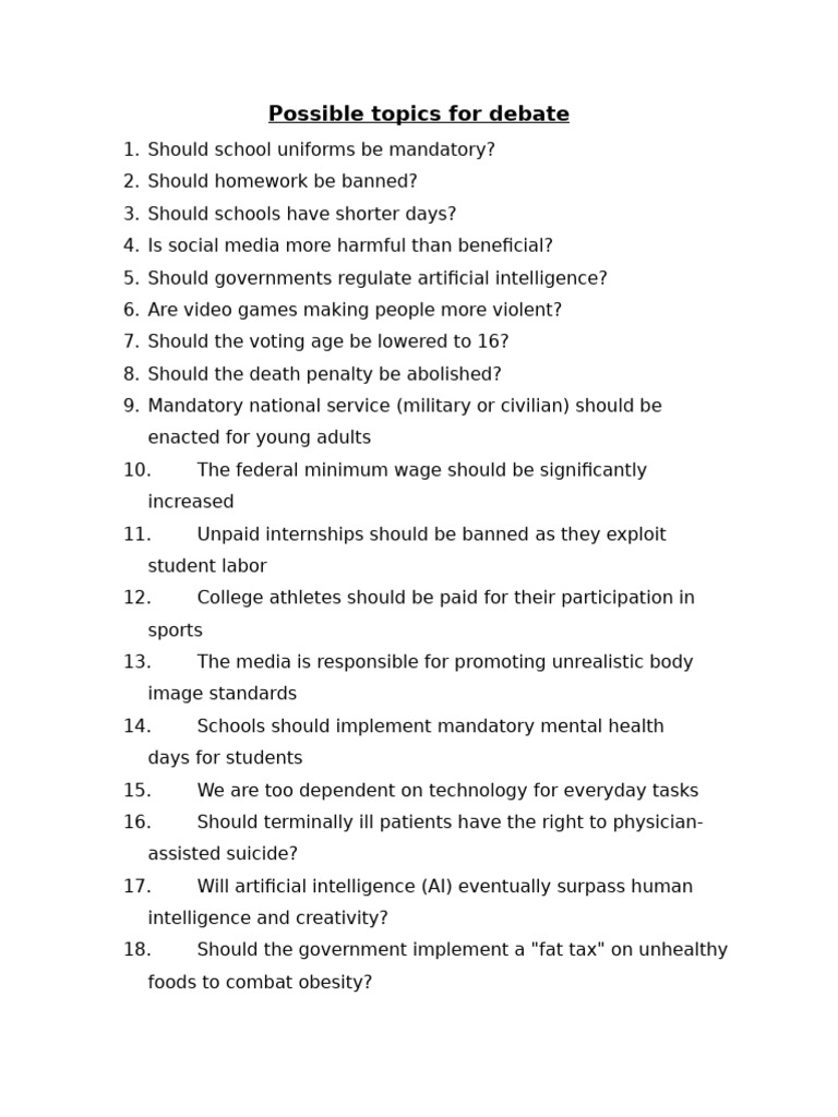 Possible Topics For Debate | PDF
