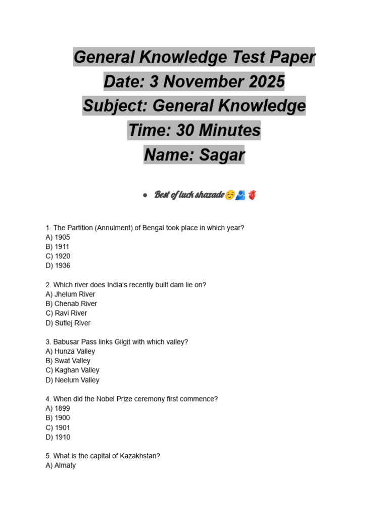 General Knowledge Test Paper 2025 | PDF | Pakistan | Politics Of Pakistan