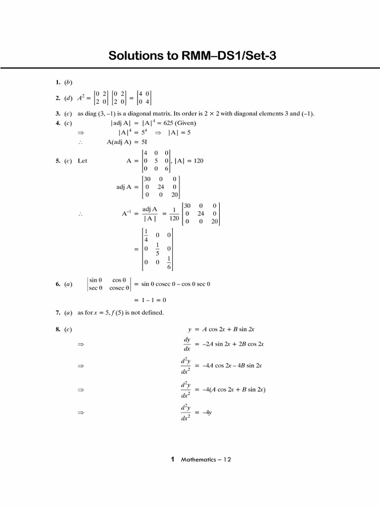 Mathematics 12 DS1 Set-3 Solutions | PDF