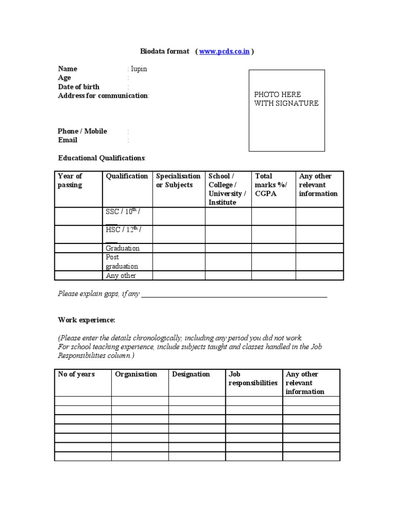 Comprehensive Biodata Format Guide | PDF | Career & Growth