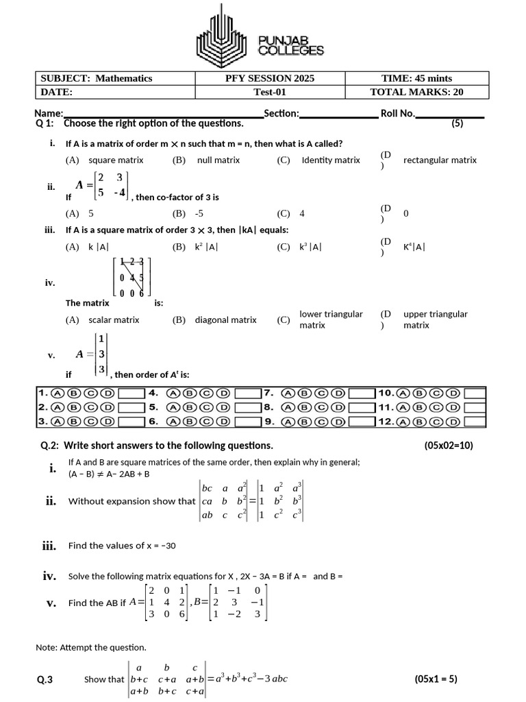 Mathematics Test Paper for PFY 2025 | PDF | Matrix (Mathematics) | Algebra