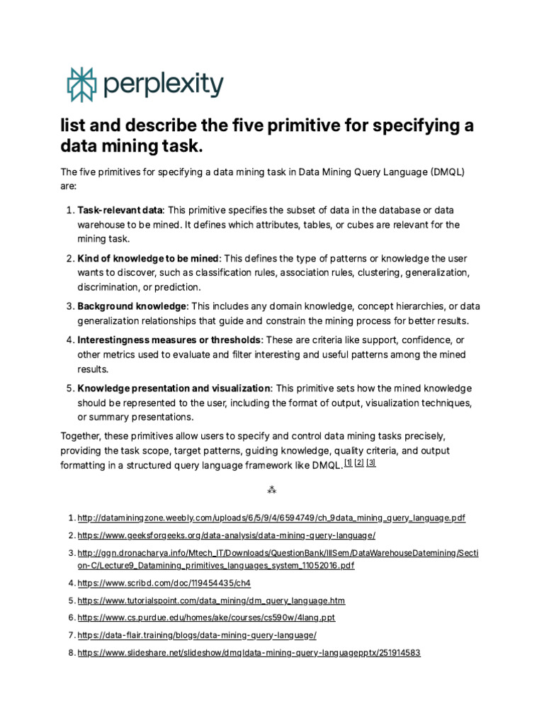 Five DMQL Primitives for Data Mining | PDF