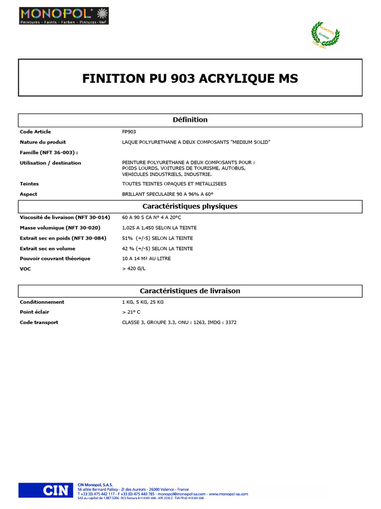 Laque Polyuréthane PU 903 Acrylique MS | PDF | Véhicule motorisé ...