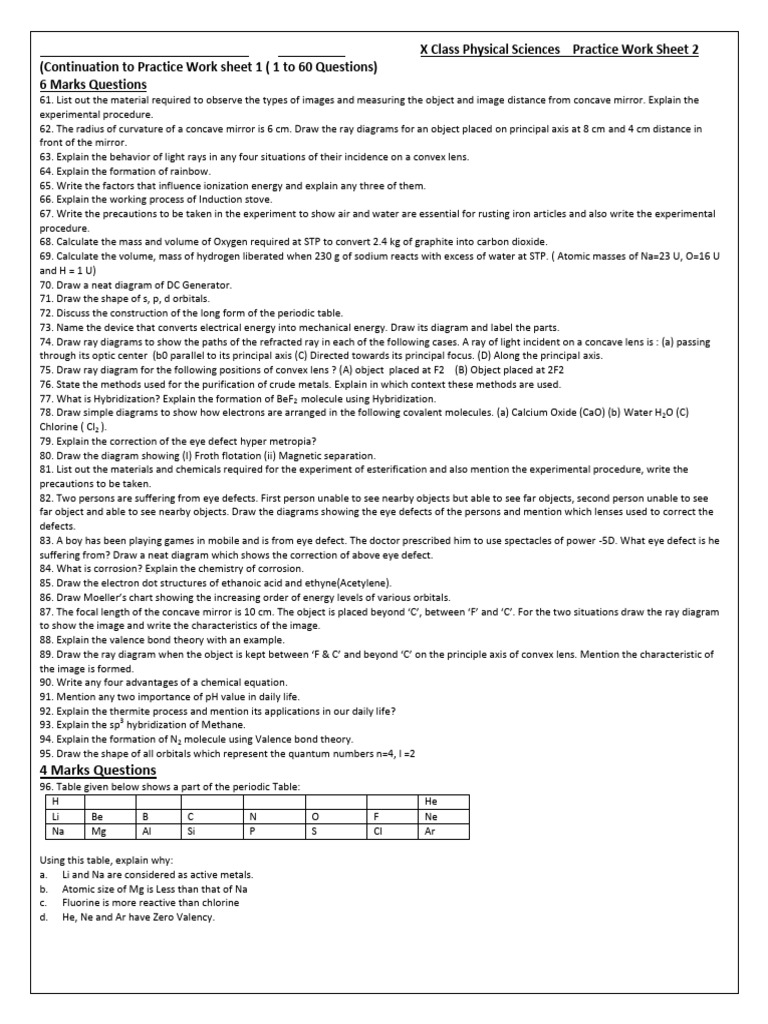 X Class Physical Sciences Practice Worksheet | PDF | Valence (Chemistry ...