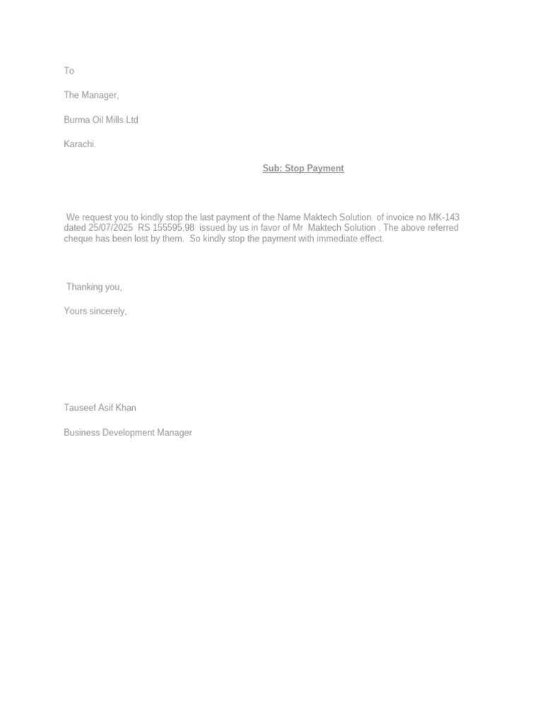 Stop Payment Request for Invoice MK-143 | PDF