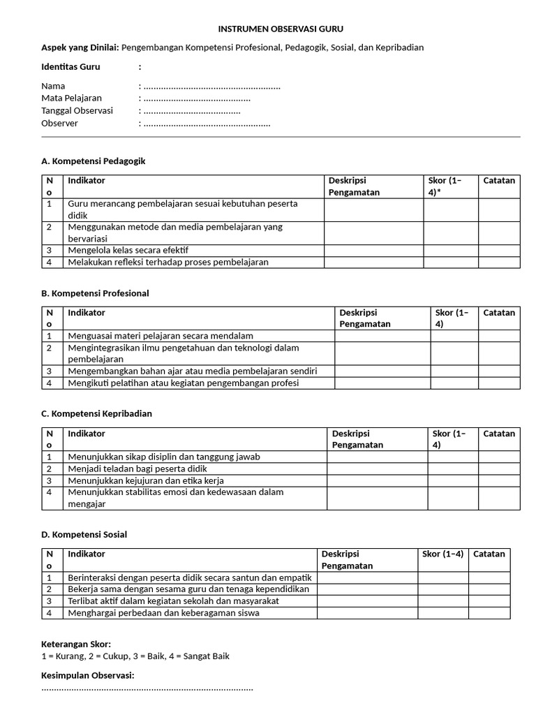 Instrumen Observasi Guru | PDF