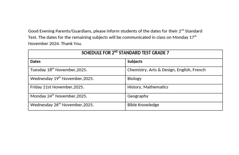 Grade 7 2nd Standard Test Schedule | PDF