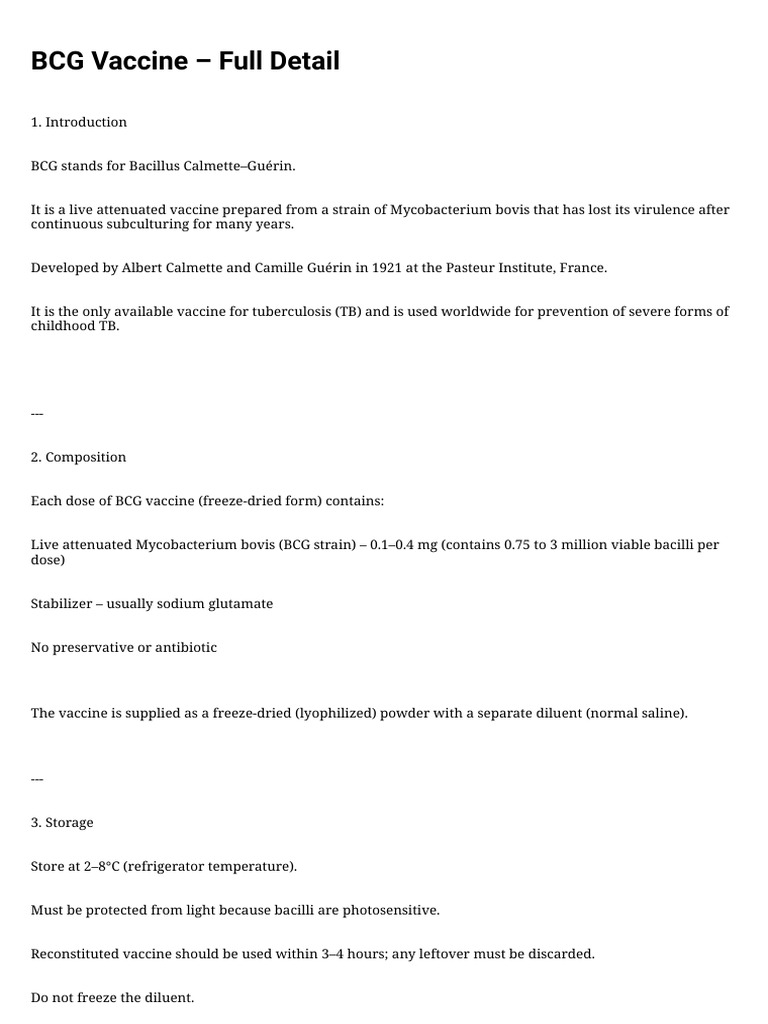 BCG Vaccine Overview and Administration Guide | PDF | Tuberculosis ...