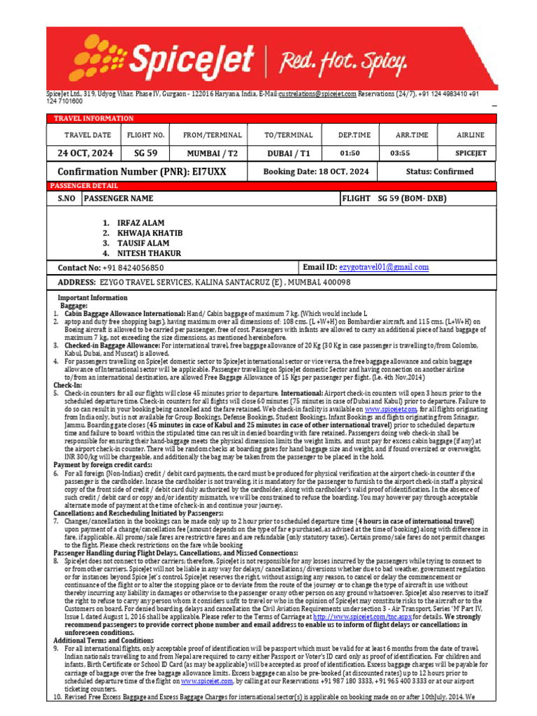 SpiceJet Flight SG 59 Travel Details | PDF | Identity Document
