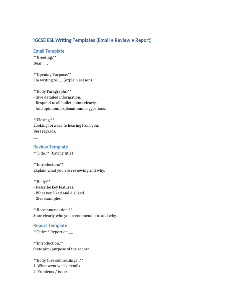 IGCSE ESL Writing Templates Guide | PDF