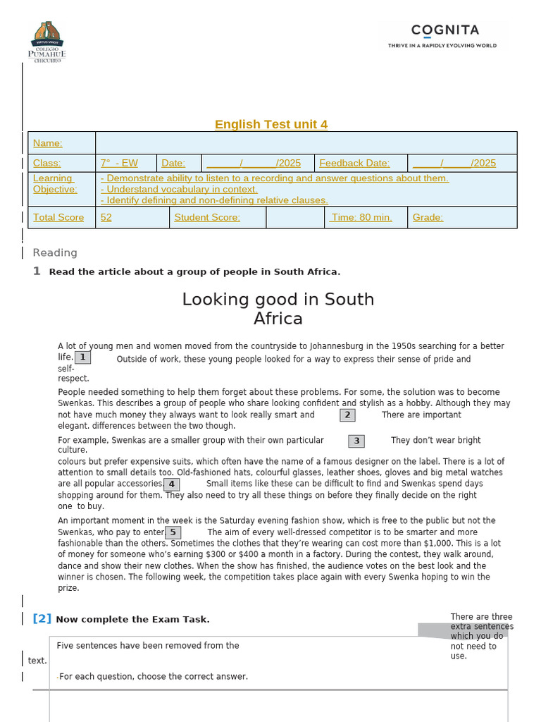 English Test Unit 4: Listening & Grammar | PDF | Clothing | Fashion