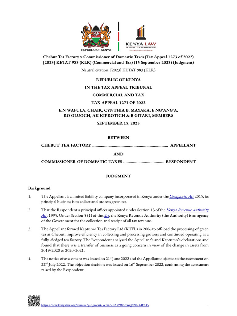 Chebut Tea Factory V Commissioner of Domestic Taxes (Tax Appeal ...