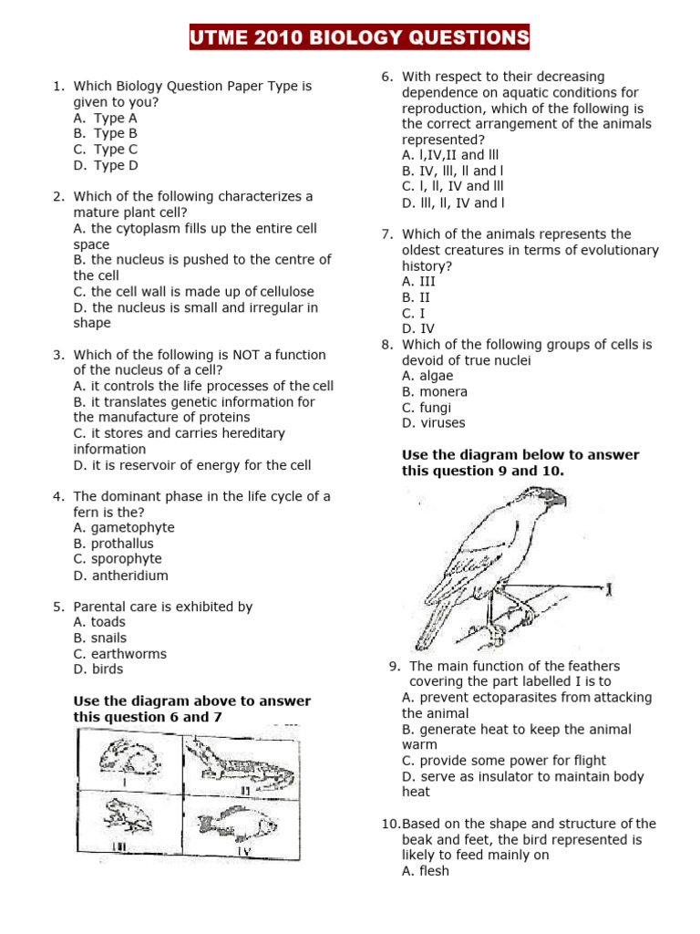 UTME 2010 Biology Exam Questions | PDF | Circulatory System | Mosquito