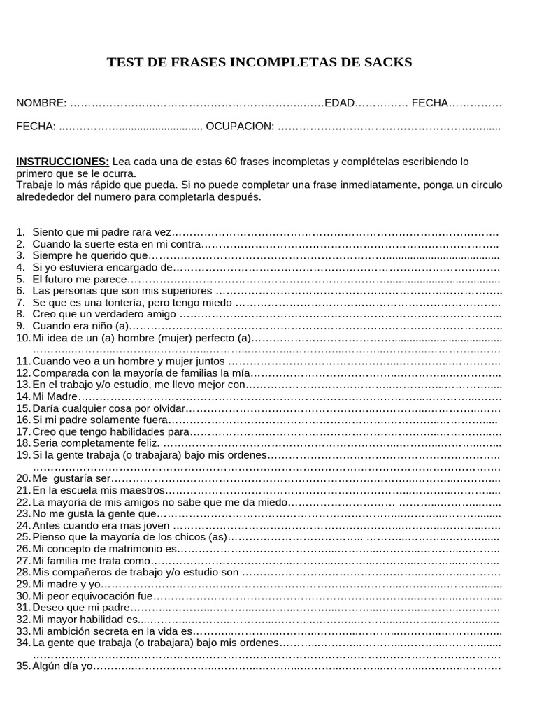 Test de Frases Incompletas Sacks | PDF