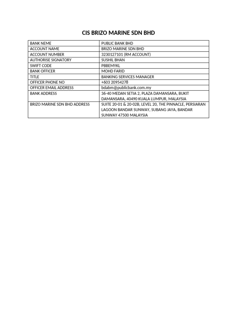 Brizo Marine Banking Details and Contacts | PDF