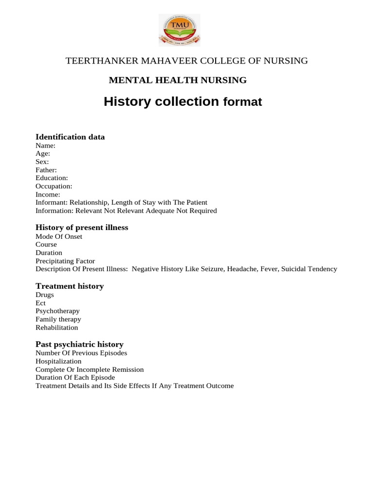 Mental Health Nursing History Format | PDF | Breastfeeding | Psychiatry