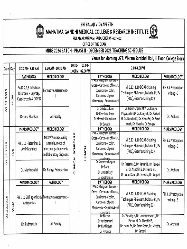MBBS 2024 Batch Phsae II December 2025 Teaching Schedule | PDF