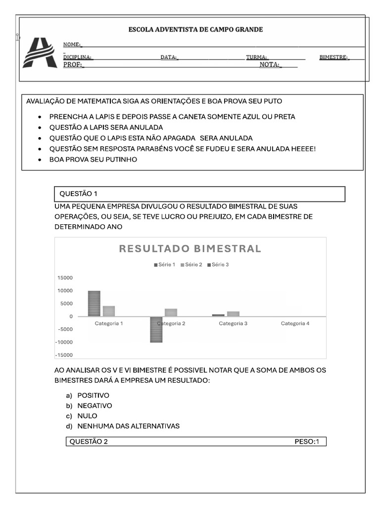 Avaliação de Matematica Normal Impressa | PDF