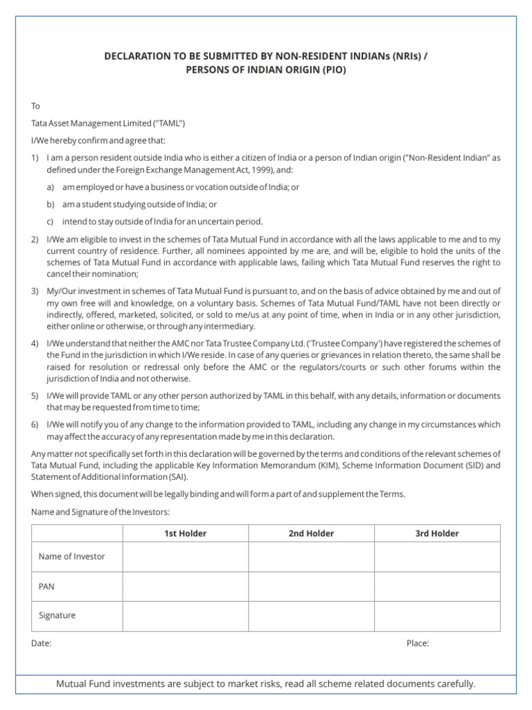 NRI Declaration for Tata Mutual Fund Investments | PDF | Justice ...