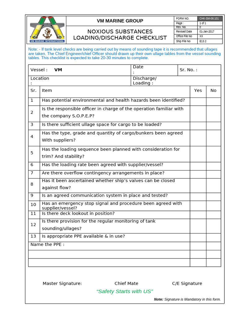 CHK-SM-06.101 -Noxious Substance Loading Checklist | PDF | Shipping