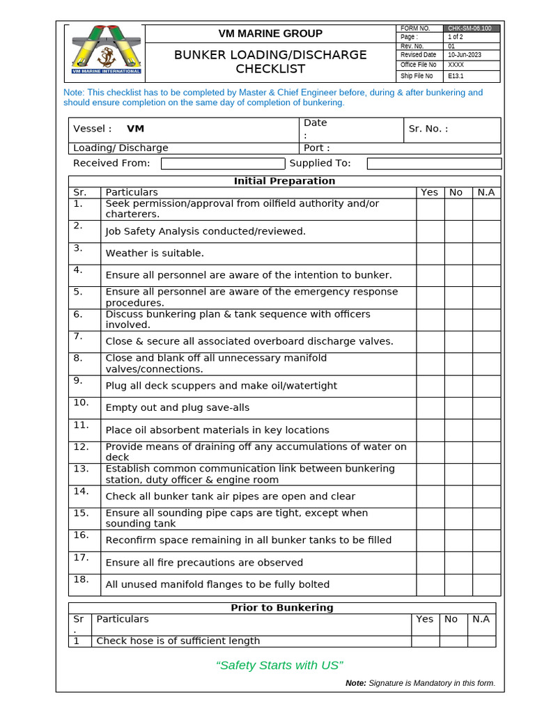 Bunker Loading/Discharge Checklist | PDF