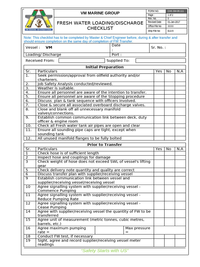 CHK-SM-06.111 - FW Loading & Discharge Checklist | PDF
