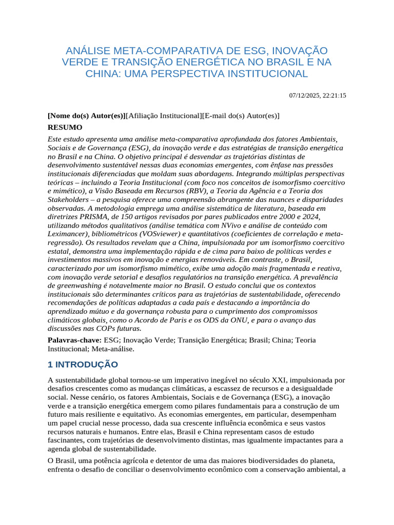 ESG e Inovação Verde: Brasil vs. China | PDF | Economia de baixo ...