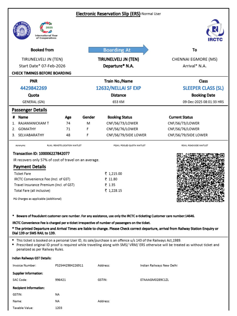 12632/nellai SF Exp Sleeper Class (SL) | PDF | Identity Document
