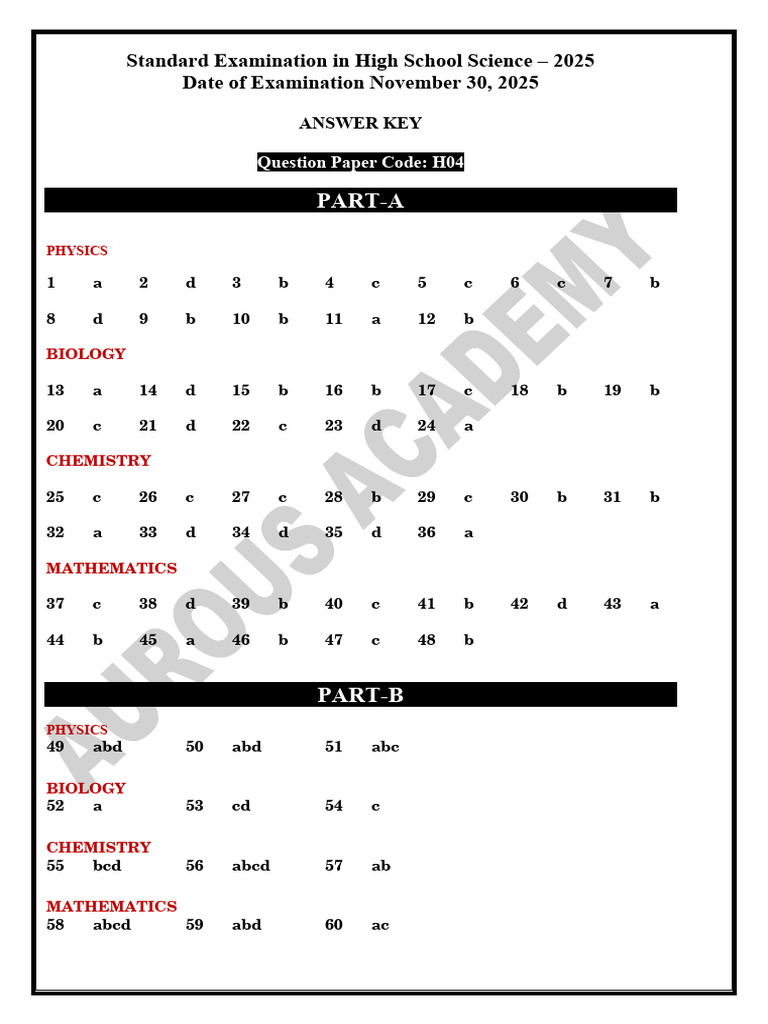 High School Science Exam Answer Key 2025 | PDF